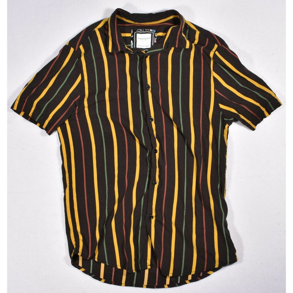 Denim & Flower Mens Small Short Sleeve Button Up Black Striped Shirt